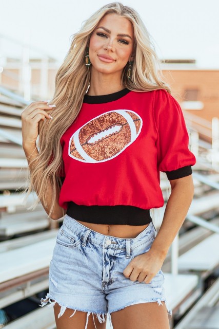 Red Sequin Rugby Color Block Puff Short Sleeve Sweater LC277474-P322