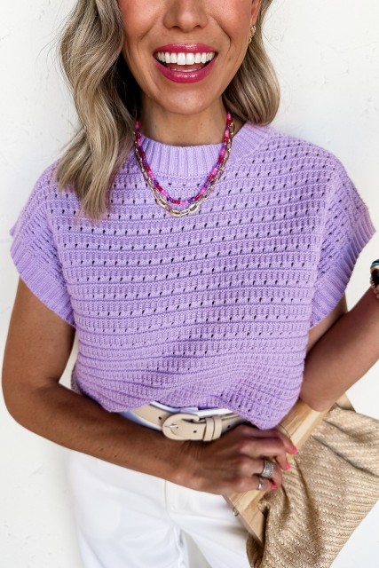 Lavendula Pointelle knit Ribbed Trim Short Sleeve Sweater LC277929-P908