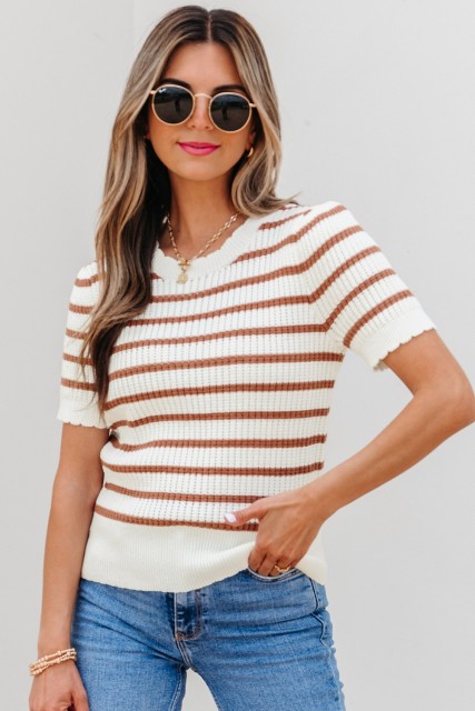 Khaki Stripe Scalloped Round Neck Short Sleeve Sweater LC277812-P1619