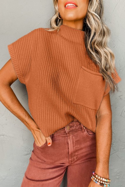 Gold Flame Patch Pocket Ribbed Knit Short Sleeve Sweater LC2724250-P5014