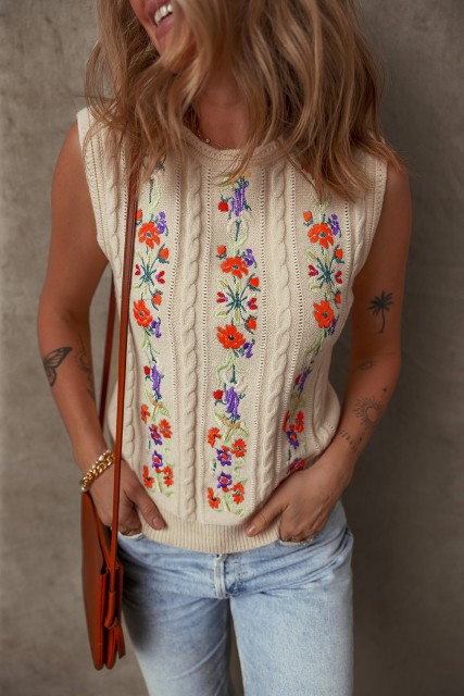 Jet Stream Embroidered Floral Cable Knit Sweater Vest LC276590-P2015