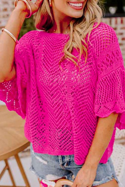 Rose Red Pointelle Knit Scallop Edge Short Sleeve Top LC277224-P6